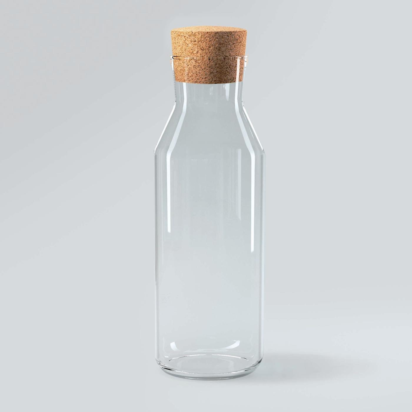 A glass 365+ carafe bottle with a cork stopper.