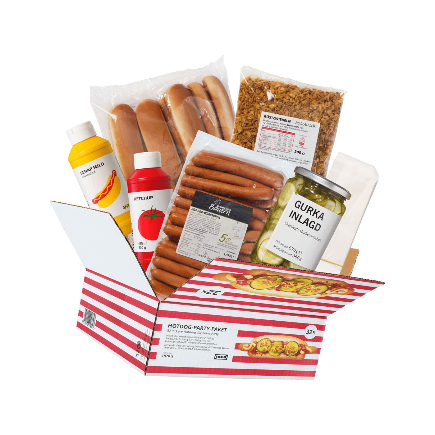 An open IKEA hotdog party package with hotdogs, buns, ketchup and pickles popping out.