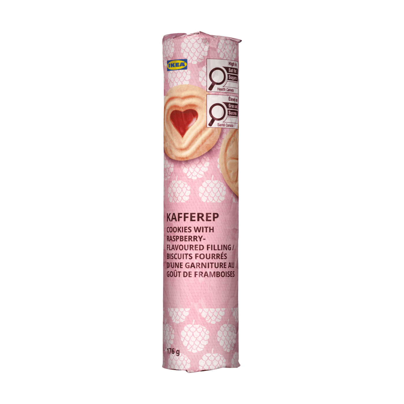 A cutout of a packet of KAFFEREP raspberry cookies.