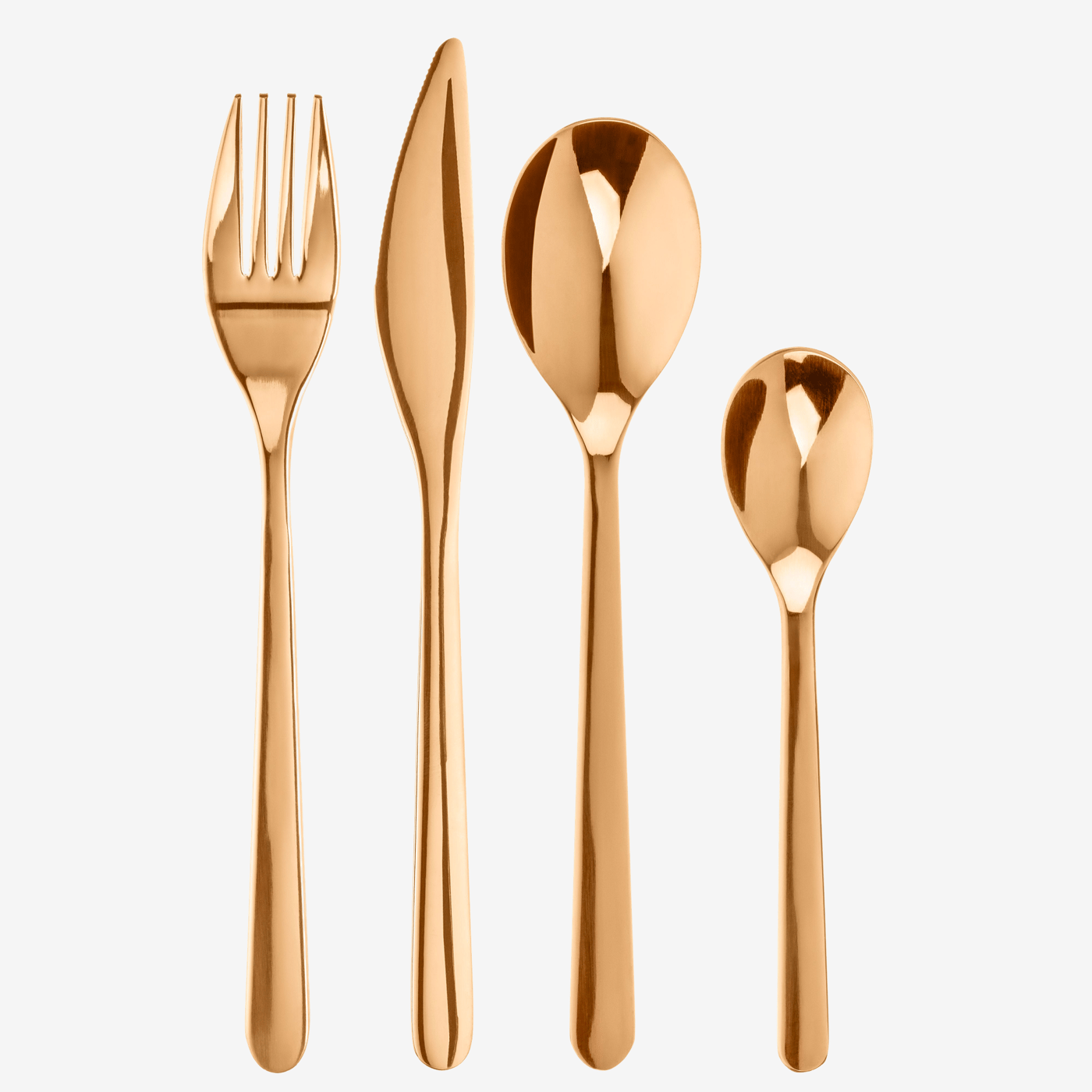 A gold coloured FÖRNUFT fork, knife, dessert spoon and teaspoon against a light grey background.