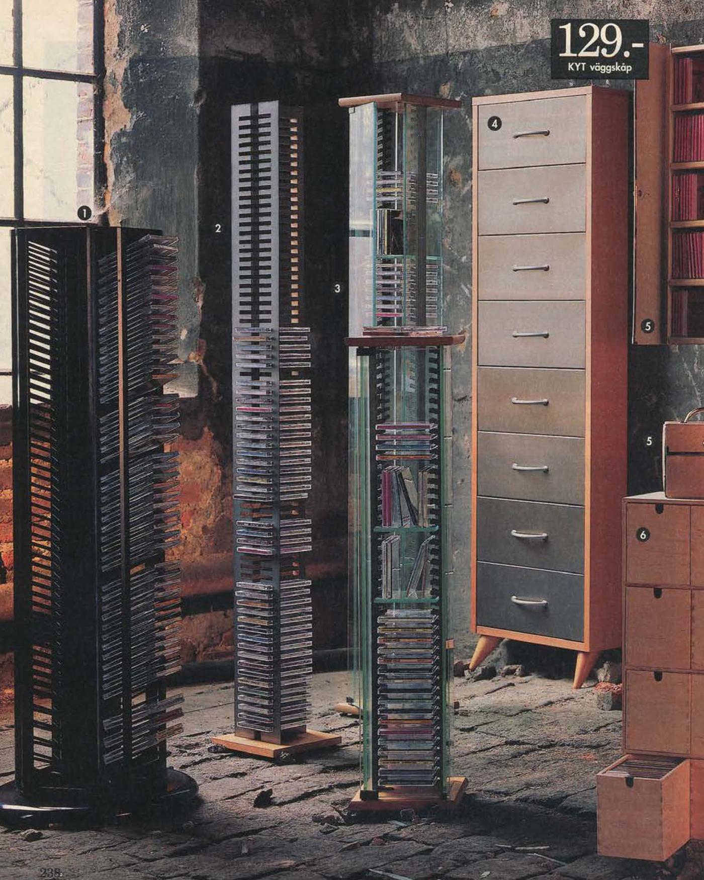 Tall towering CD racks in a rough industrial style setting from the 1996 IKEA Catalogue.