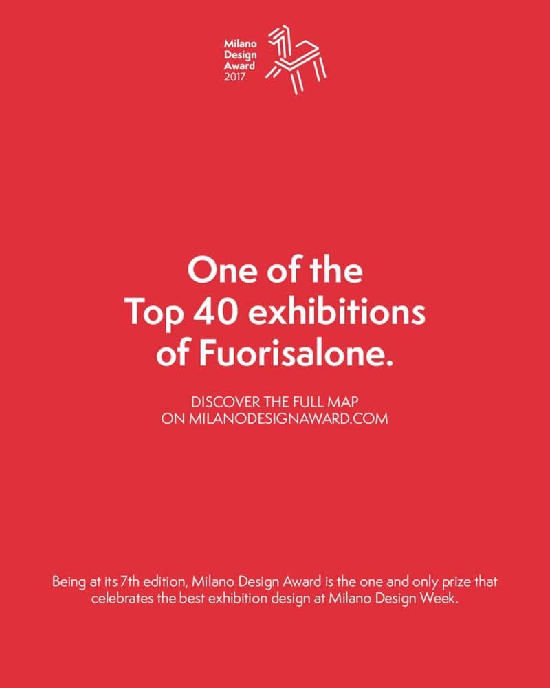 Red background with white text reading "One of the Top 30 exhibitions of Fuorisalone".