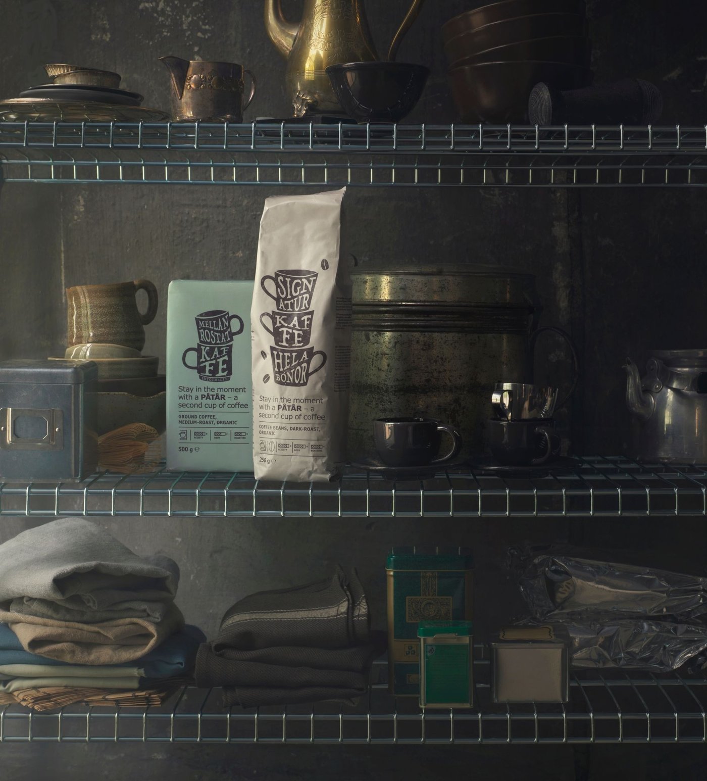 Packages of PÅTÅR coffee on a shelf.