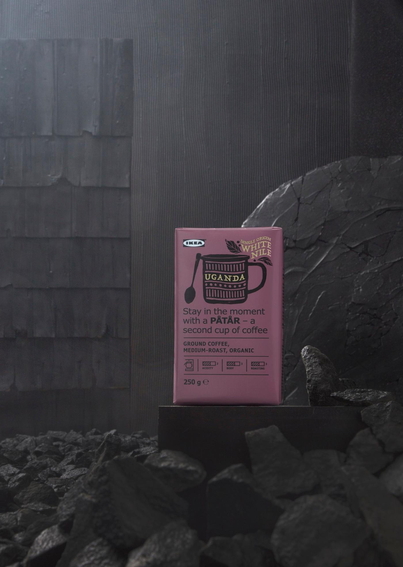 A packet of coffee against a dark background.
