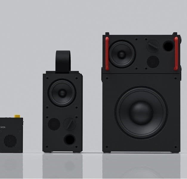 Three speakers: A small, medium and large speaker in black and red.