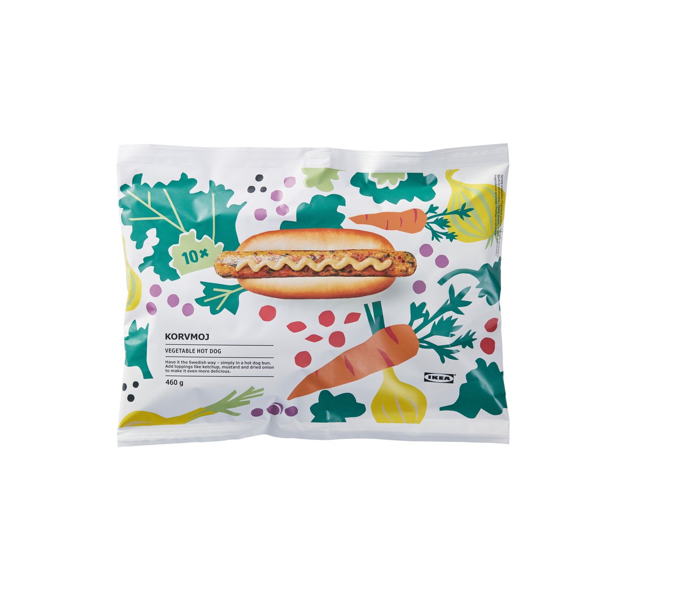 A package of KORVMOJ veggie hot dogs.