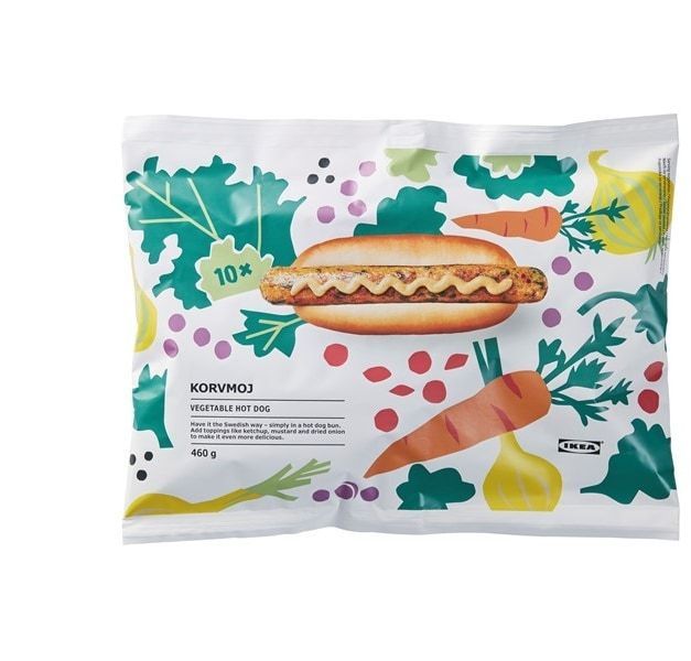 Package of KORVMOJ vegetable hot dogs on a white background.