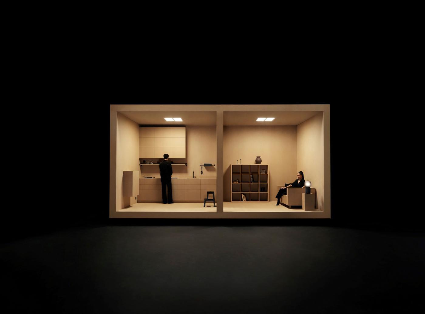 Dark studio space with a compact room set propped with SYMFONISK products.