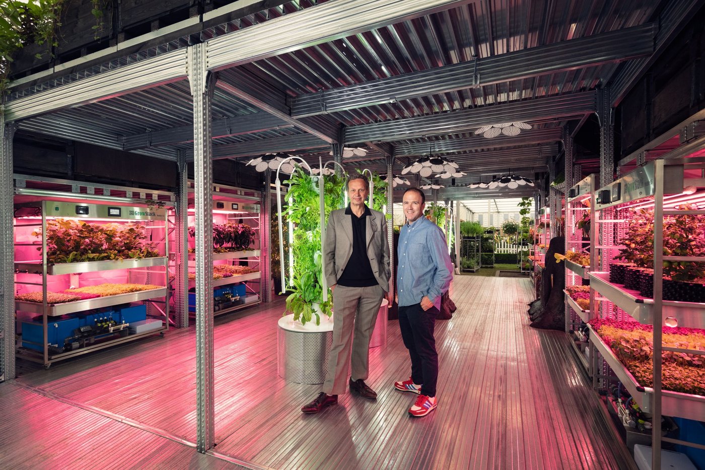 Two men stand in a room where plants grow under UV light.