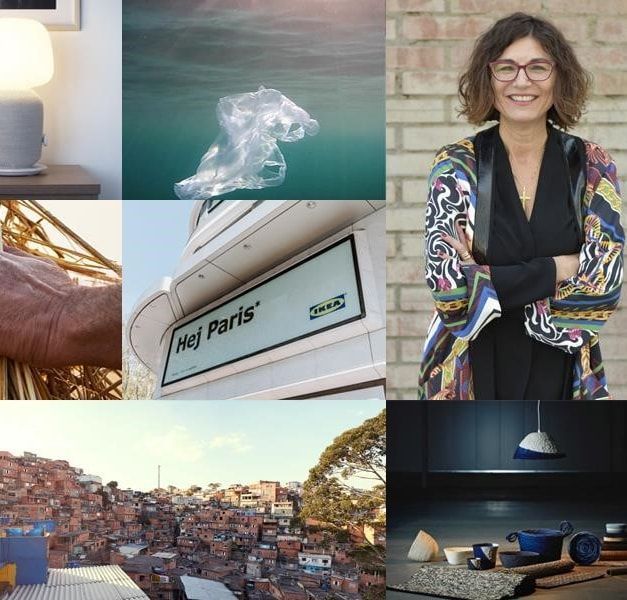 Collage of photos including the SYMFONISK speaker lamp, plastic in the ocean, a South American village and a sign reading, "Hej Paris".