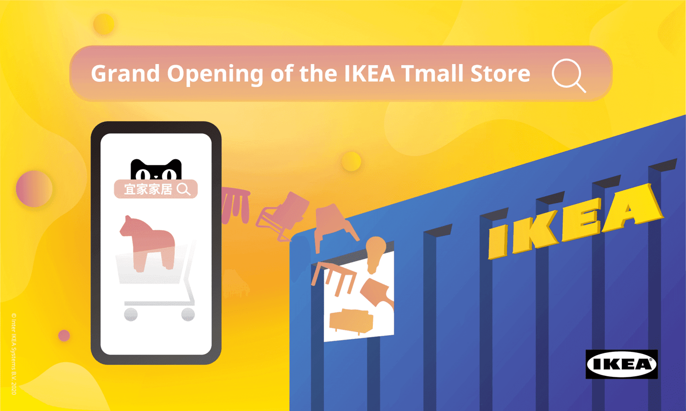 A graphic of a blue IKEA store against a yellow backdrop. A mobile phone screen shows animals.