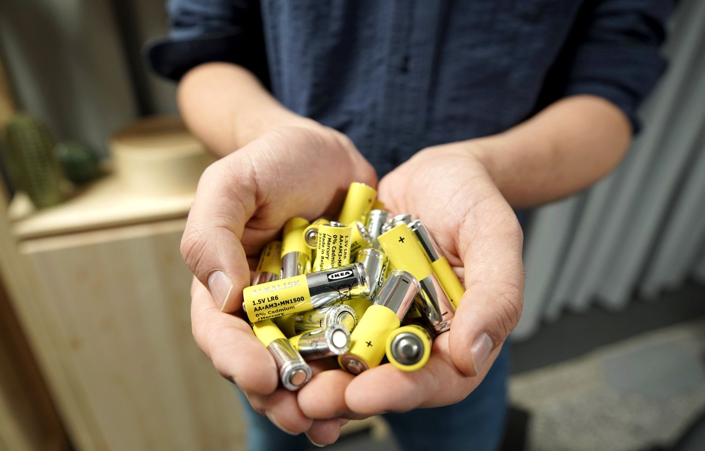 A person holds some yellow and silver batteries in their hands.
