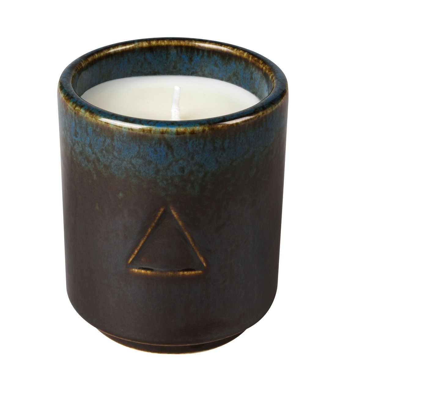 A dark brown and blue ceramic handle holder with a candle inside. Against a white background.