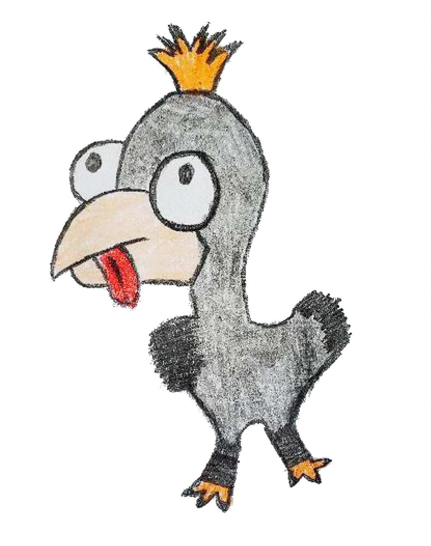 Child's drawing of a grey bird with a spiky yellow crown on its head and its tongue sticking out to the side.