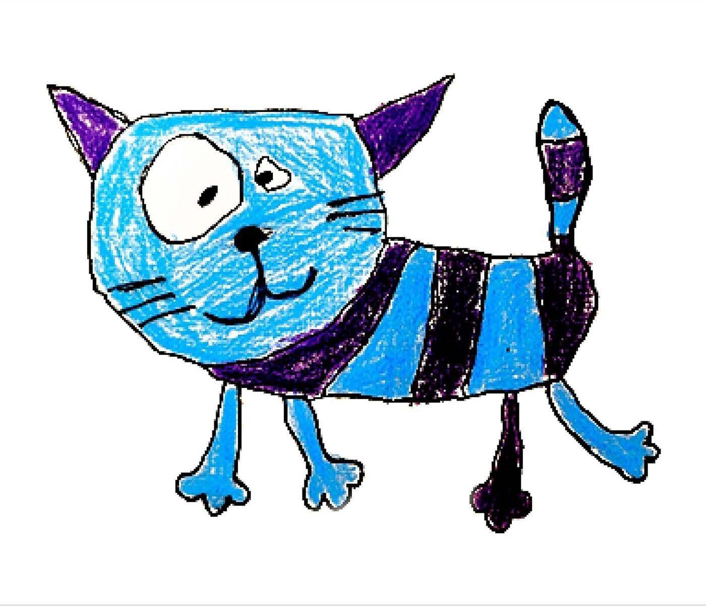 A drawing of a blue striped cat, it's smiling.