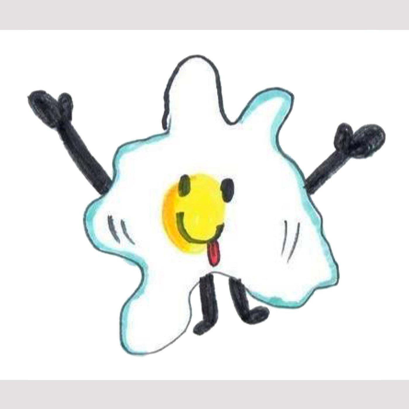 A drawing of a fried egg with a smiling face, holding out its arms. 
