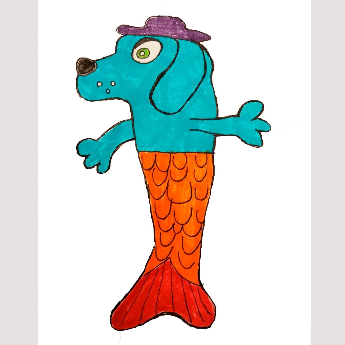 A drawing of a blue dog with a purple hat and orange mermaid tail.