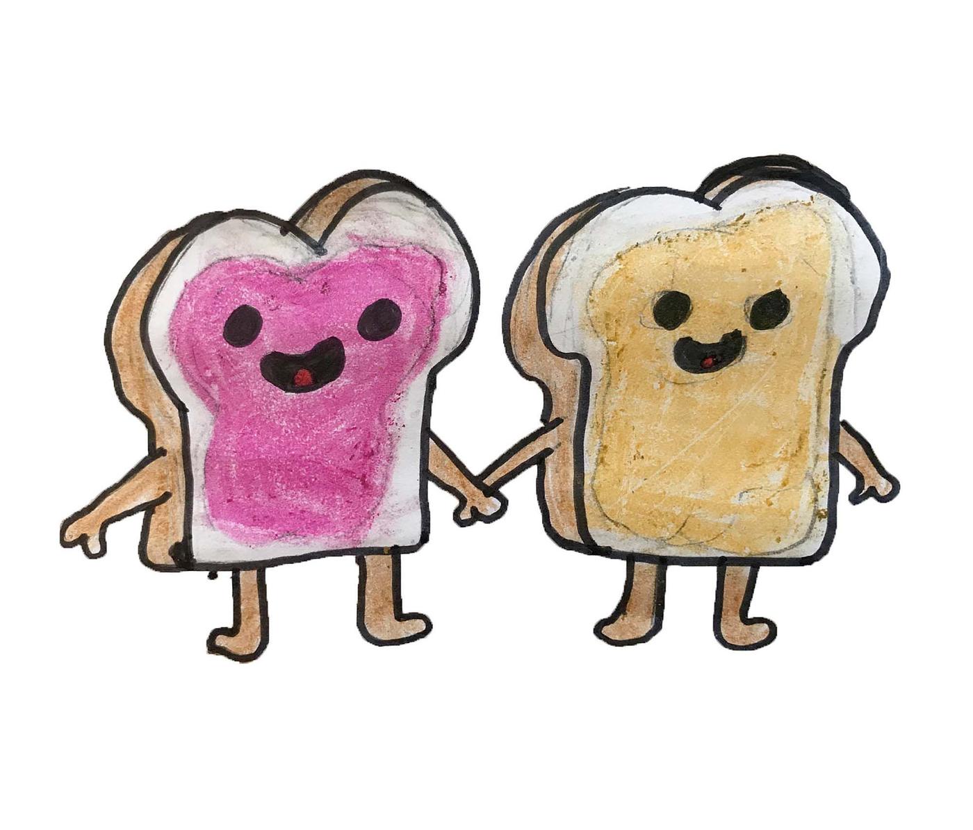 A drawing of two characters in the shape of slices of toast with smiling faces, arms and legs; one is pink and one is yellow.