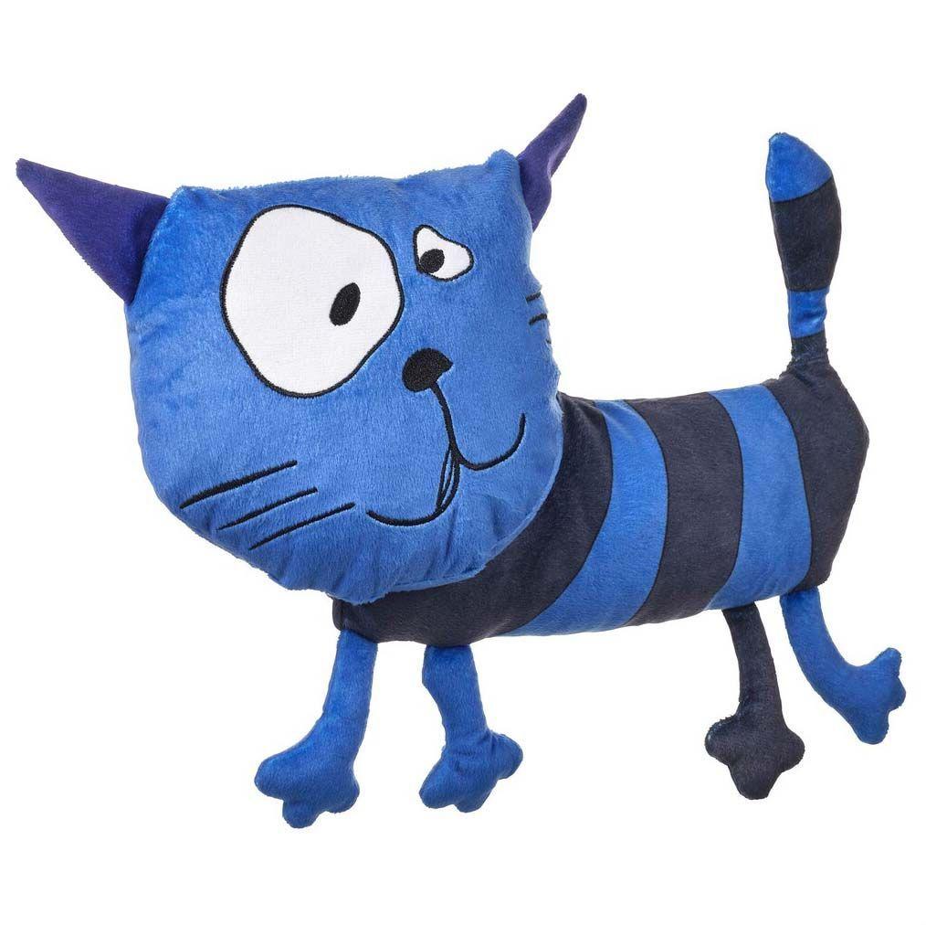 Soft toy in the shape of a cat with blue and black stripes.