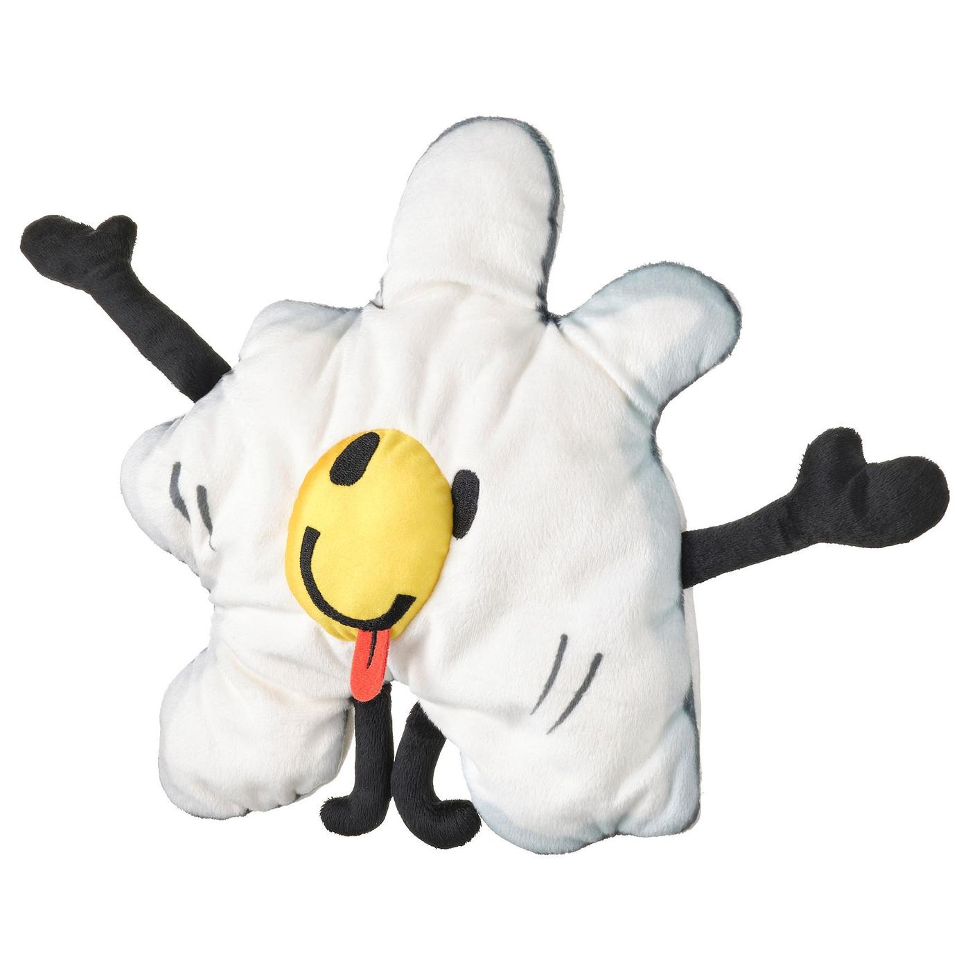 A fried egg shaped soft toy with a smiling face holds out its arms. 