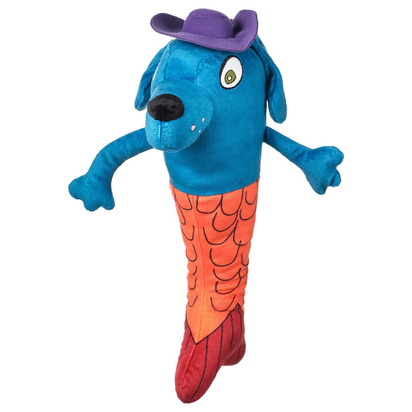 A blue dog with a purple hat and orange mermaid tail soft toy.