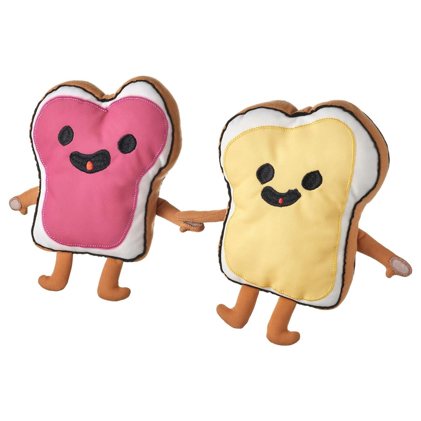 Two soft toys: a pink sandwich and a yellow sandwich smile and hold hands.