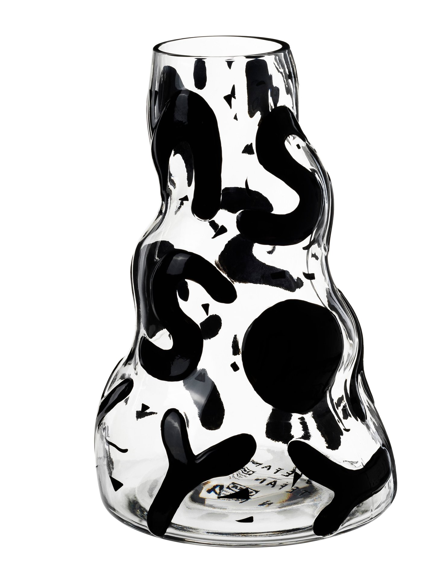 A black and clear vase on a white background.
