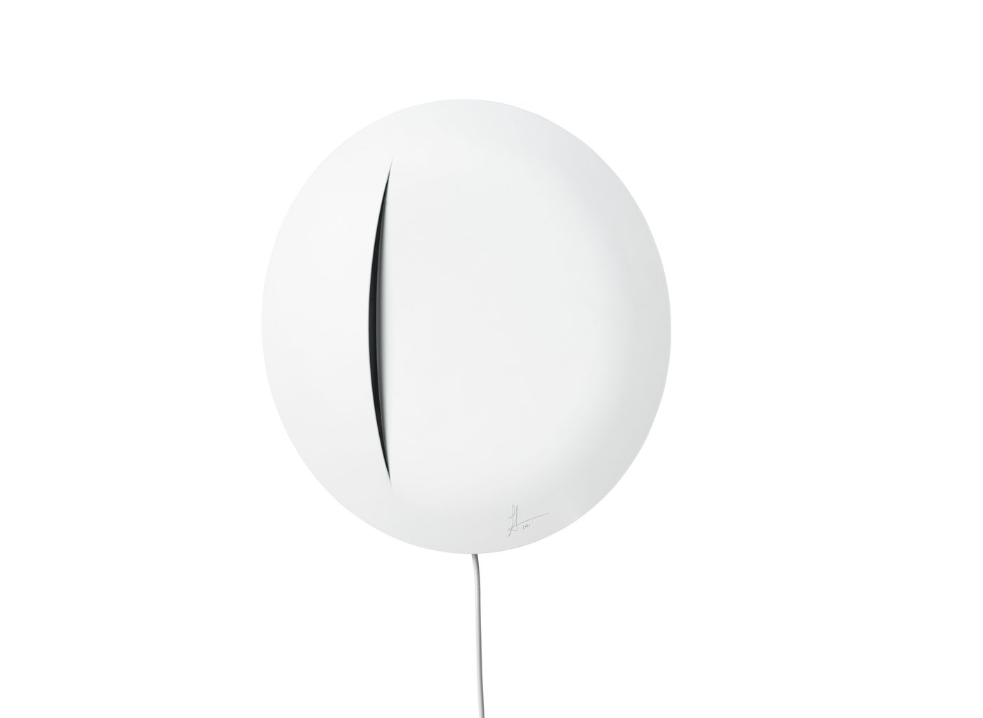 A white circular wall lamp with a slashed effect opening against a white background.
