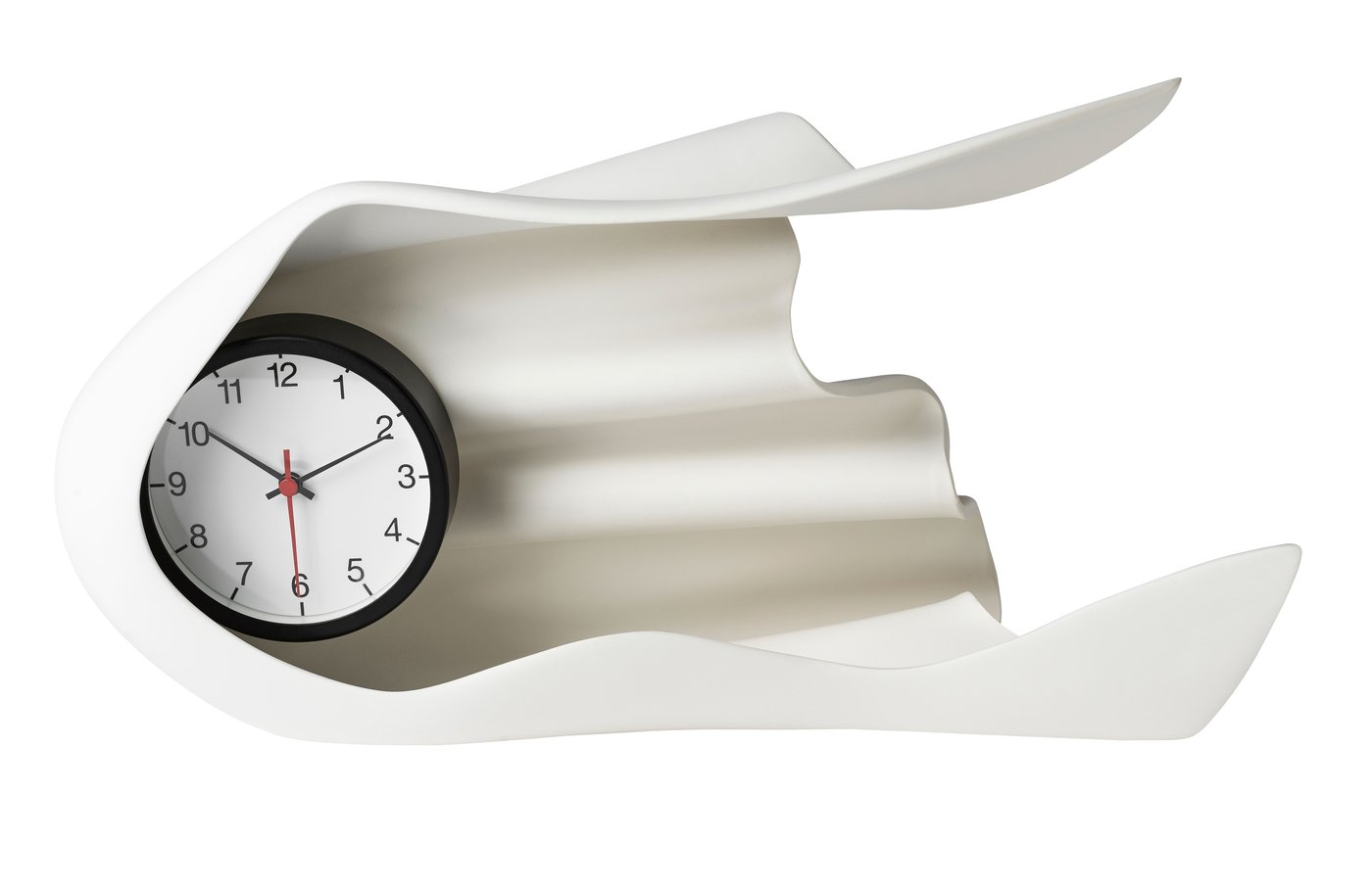 A melted effect white wall clock against a white background.