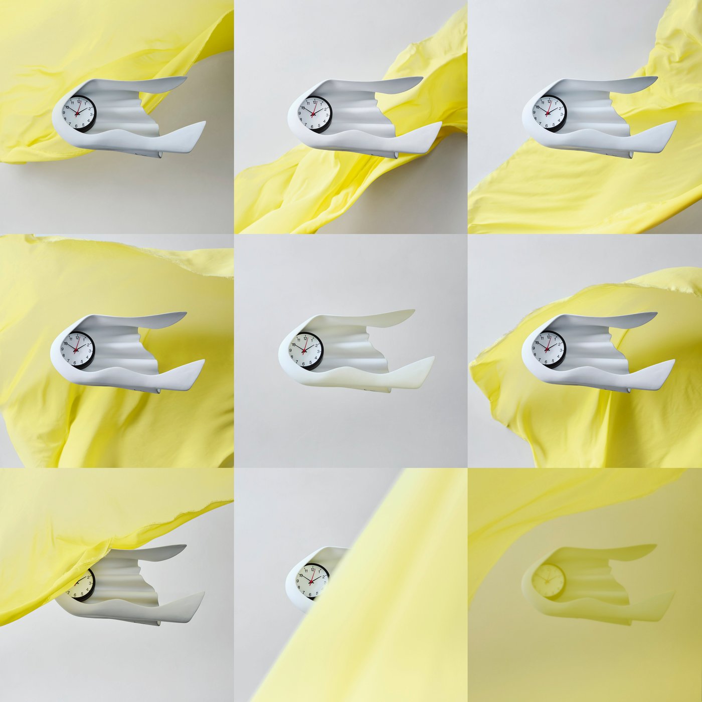 A 9-block collage of different photos of a melted effect white wall clock floating among soft yellow fabric.
