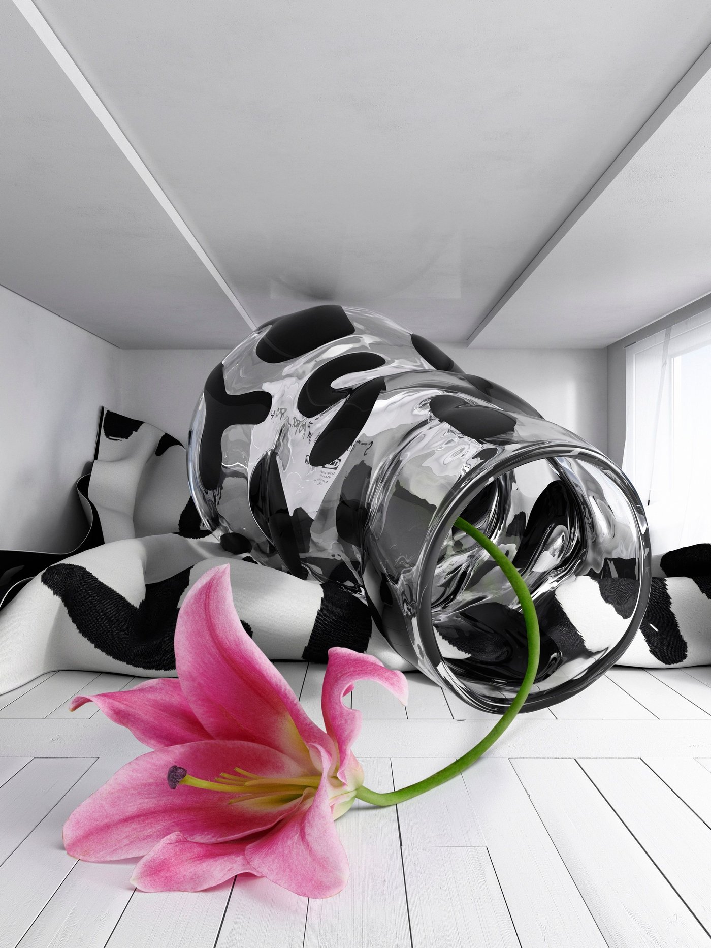 A clear vase with black patterns lays on its side. A pink lily hangs out of the vase, resting on a white wood surface.