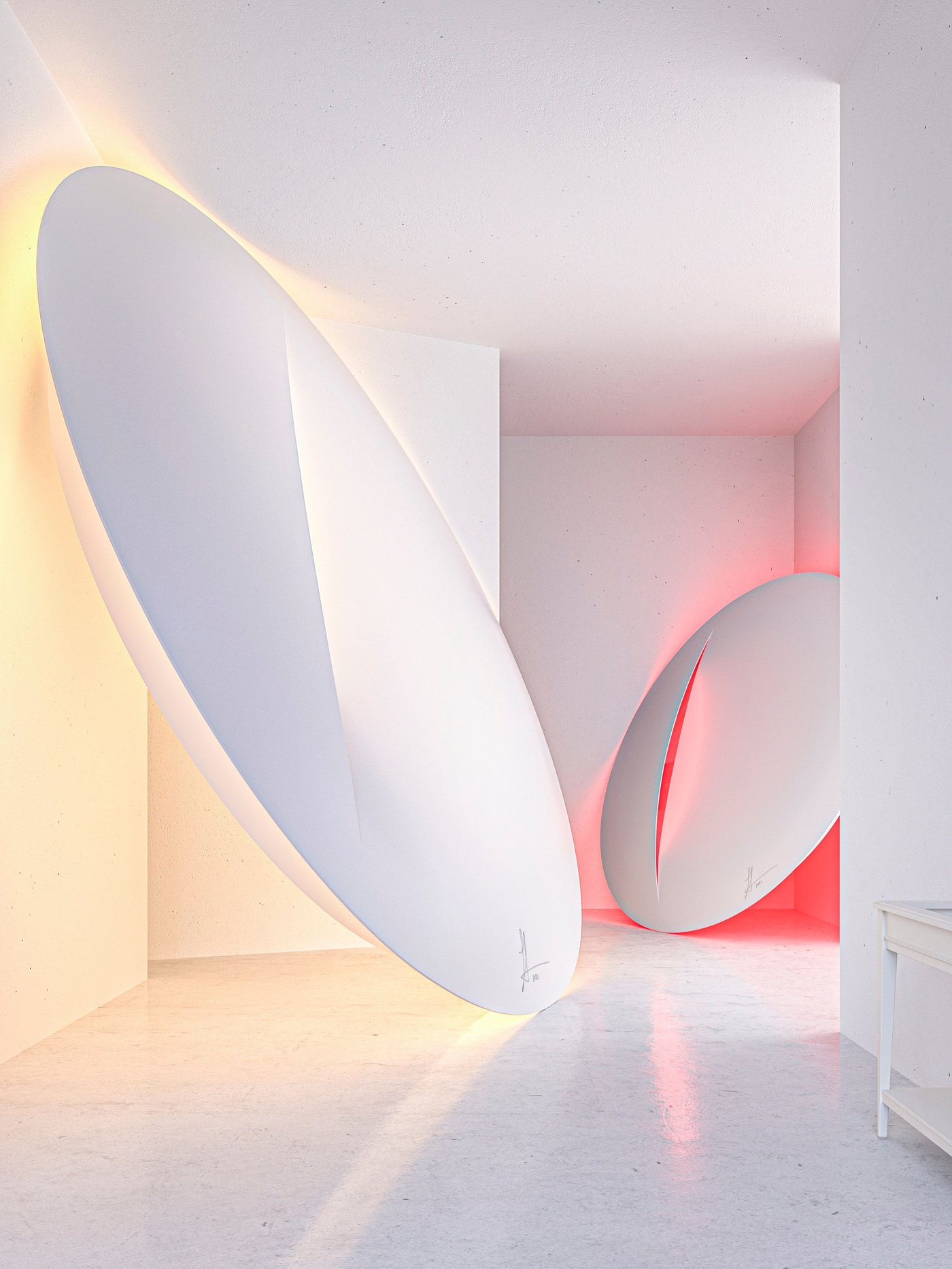 A room with two large white circular lights. One emits a yellow light from the back, the other has red.