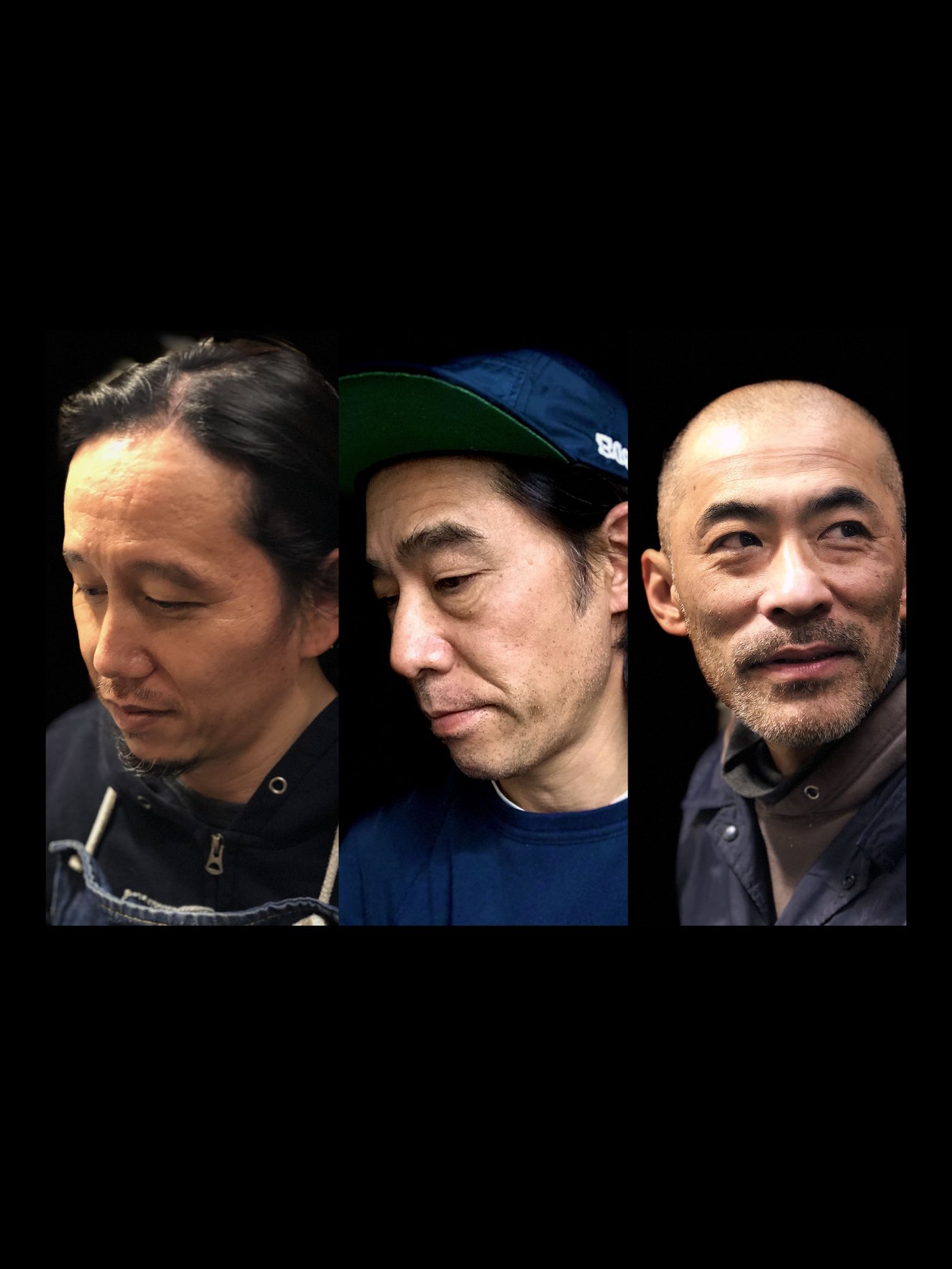 Portraits of three men against a black background.