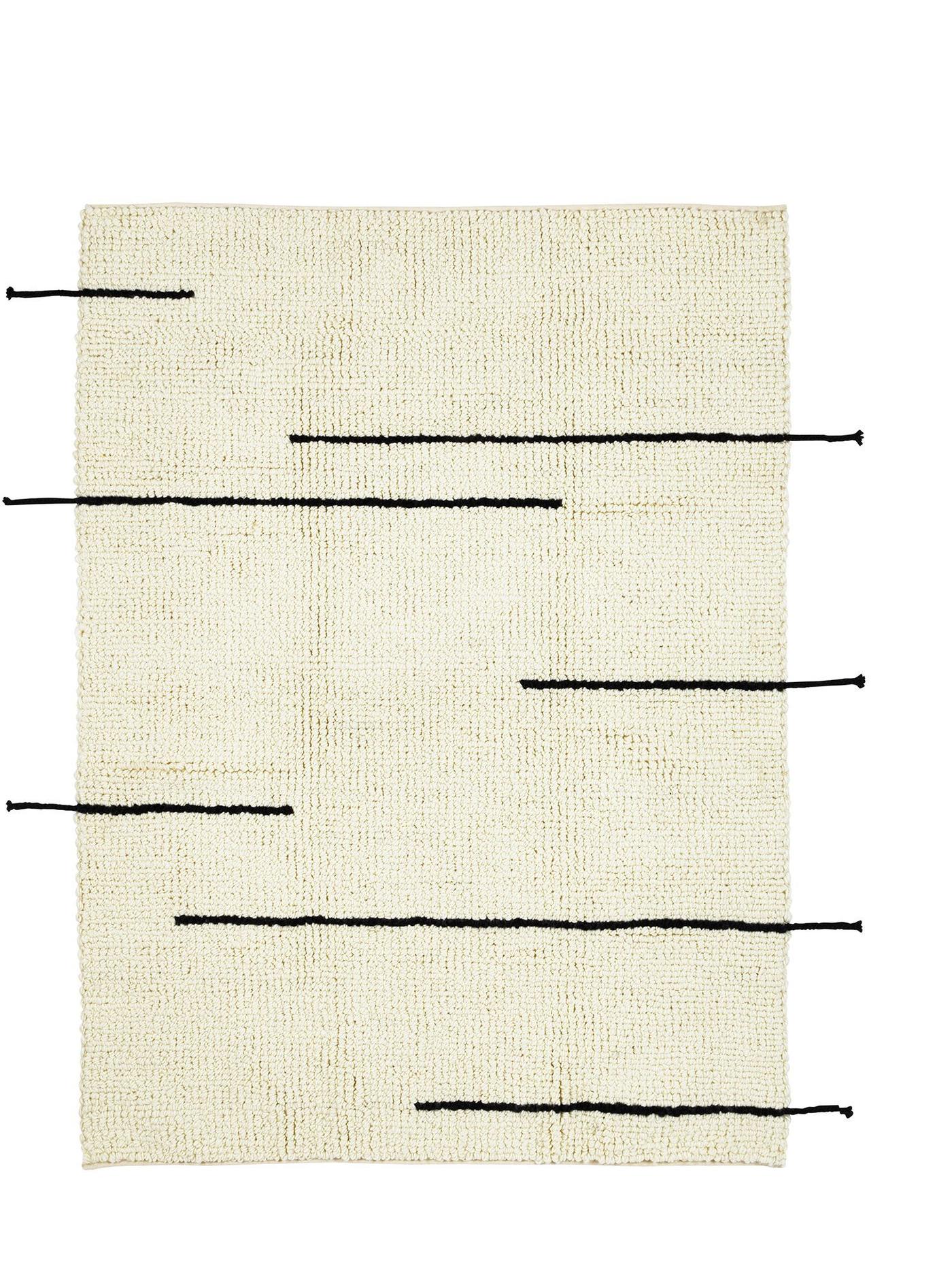 A white rug with black lines on a white background.