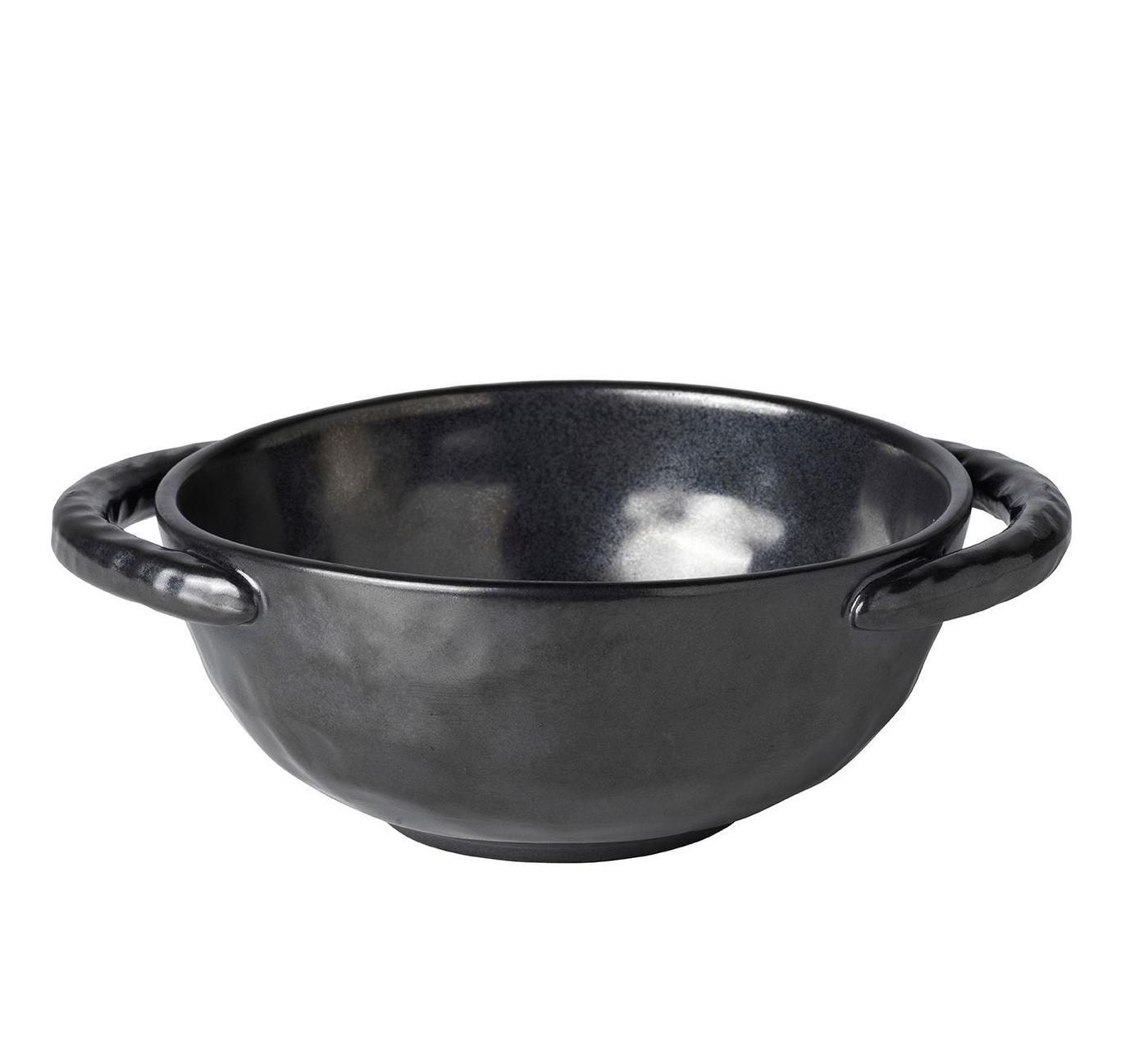 A black clay serving bowl on a white background.