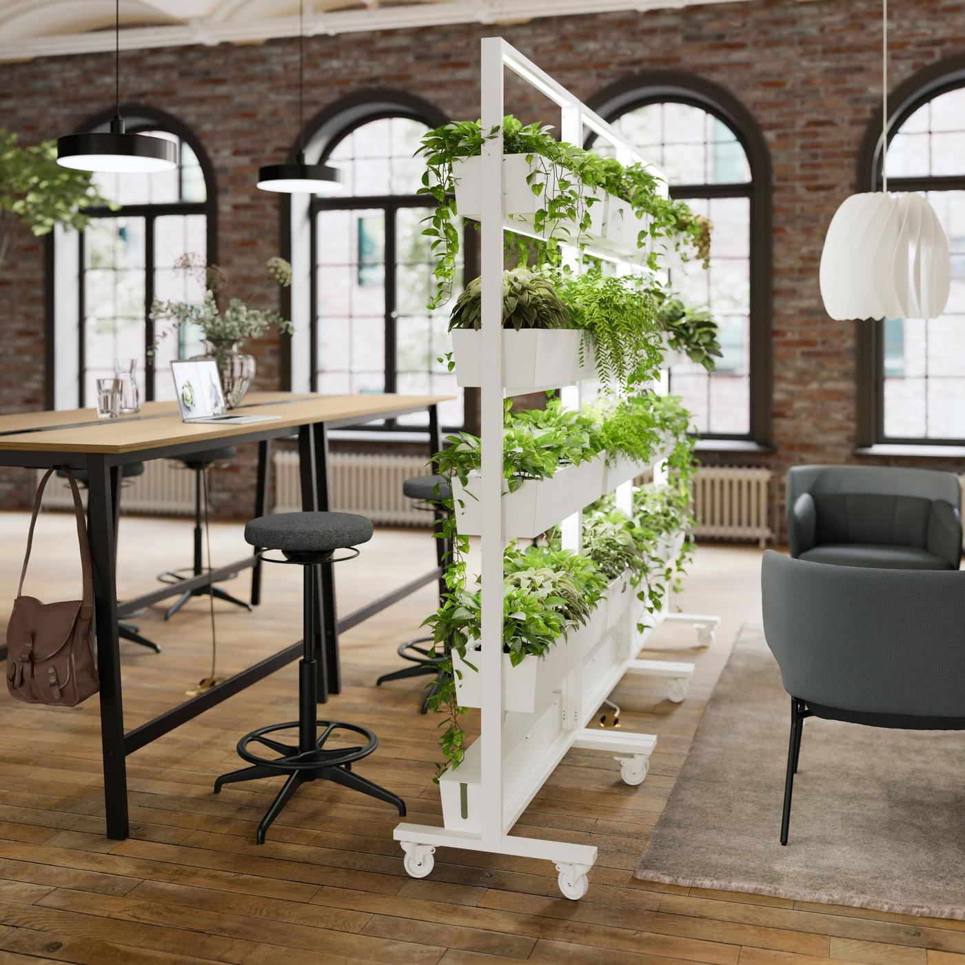 Two desks next to each other and two high stools. Next to it a white room divider with four rows of plants. On the other side of the room divider two grey chairs facing each other. 