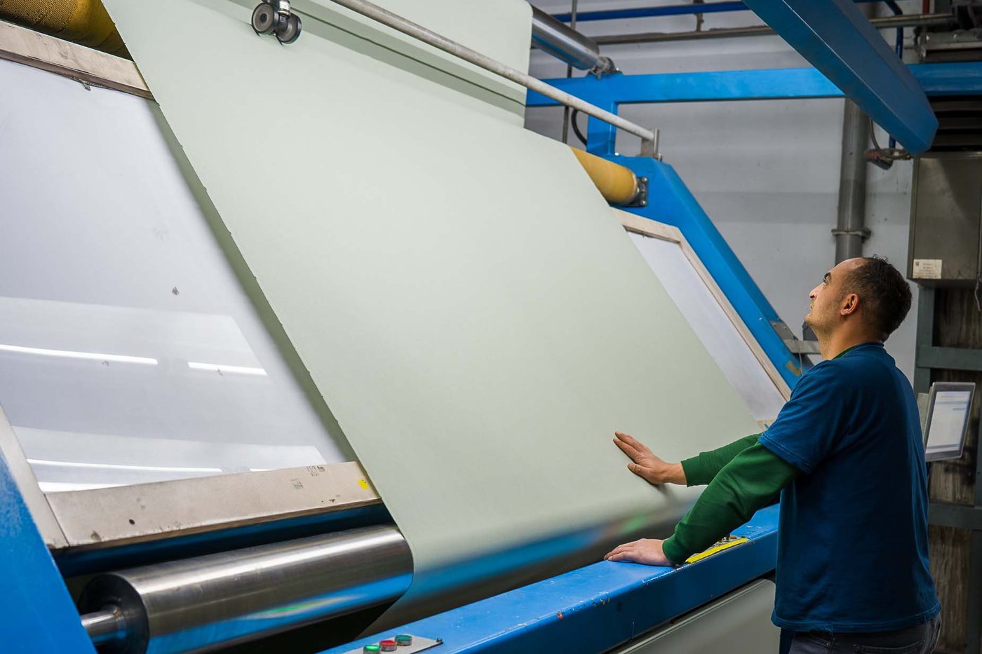 A factory worker inspects a light green sheet of cotton.