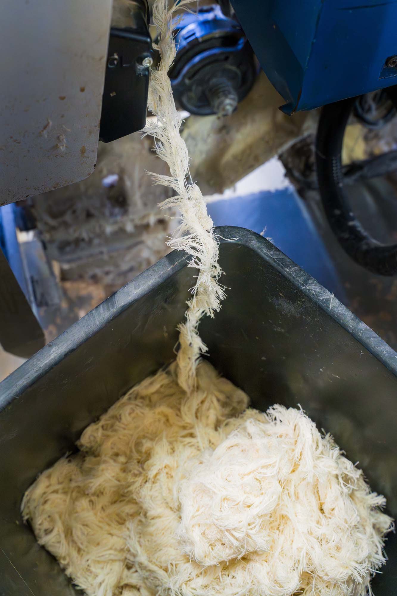 A trail of white edge lint being collected in a black bucket from a machine.