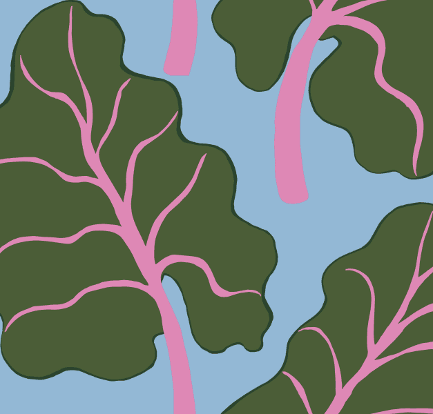 A pattern with rhubarb leafs on a light blue background.