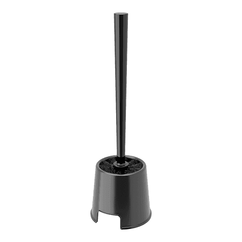 A cutout image of a black toilet brush in a holder.