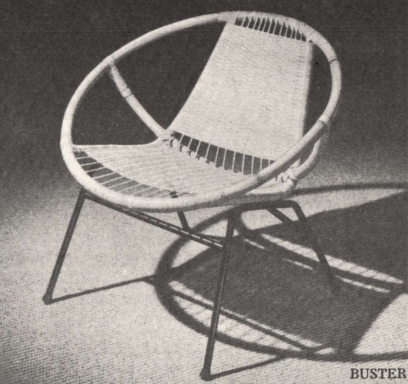 A black and white image of the BUSTER rattan armchair from the 1959 IKEA Catalogue.