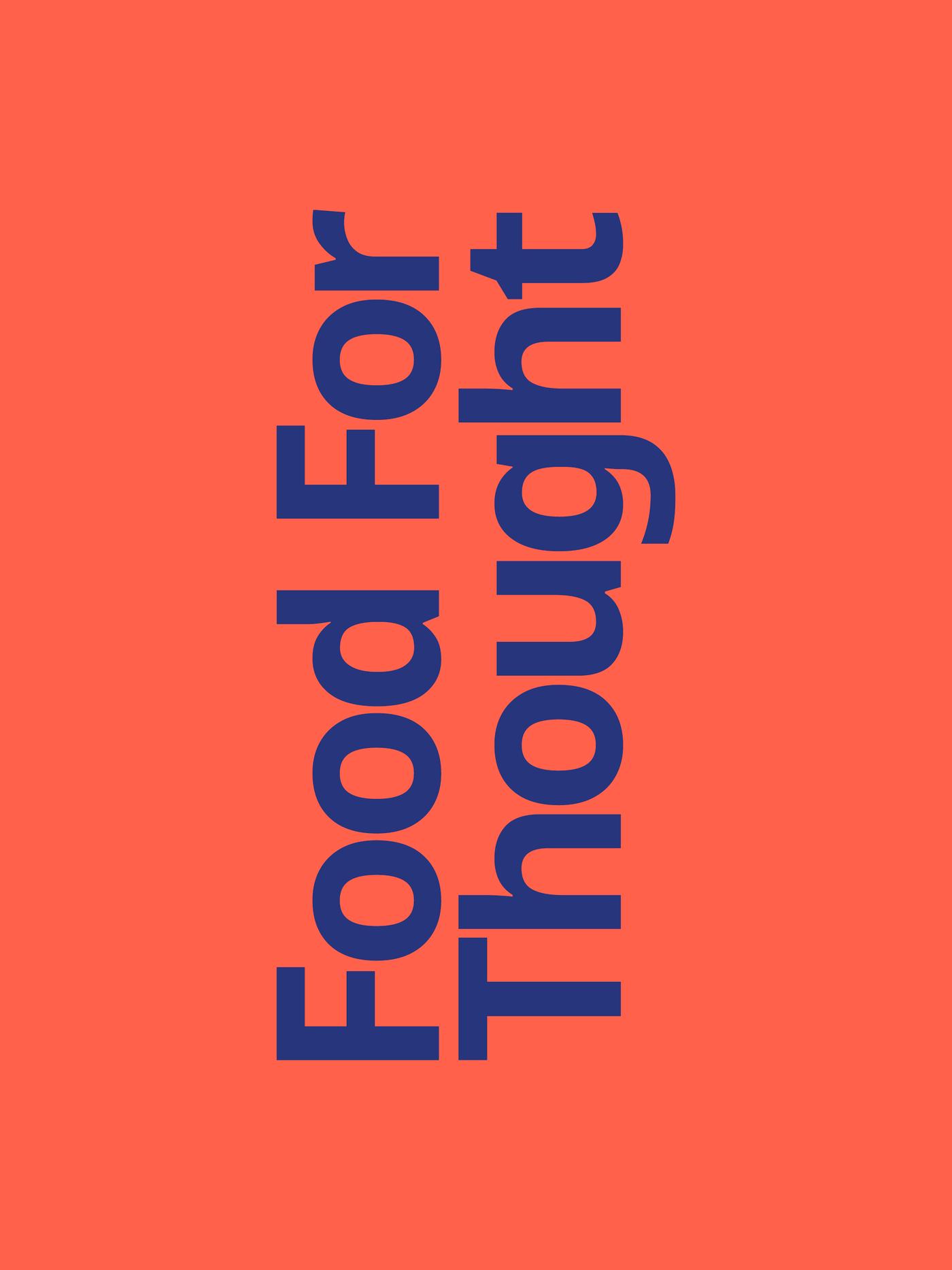 A graphic element of an orange rectangle with the words "Food For Thought" overlaid in blue text.
