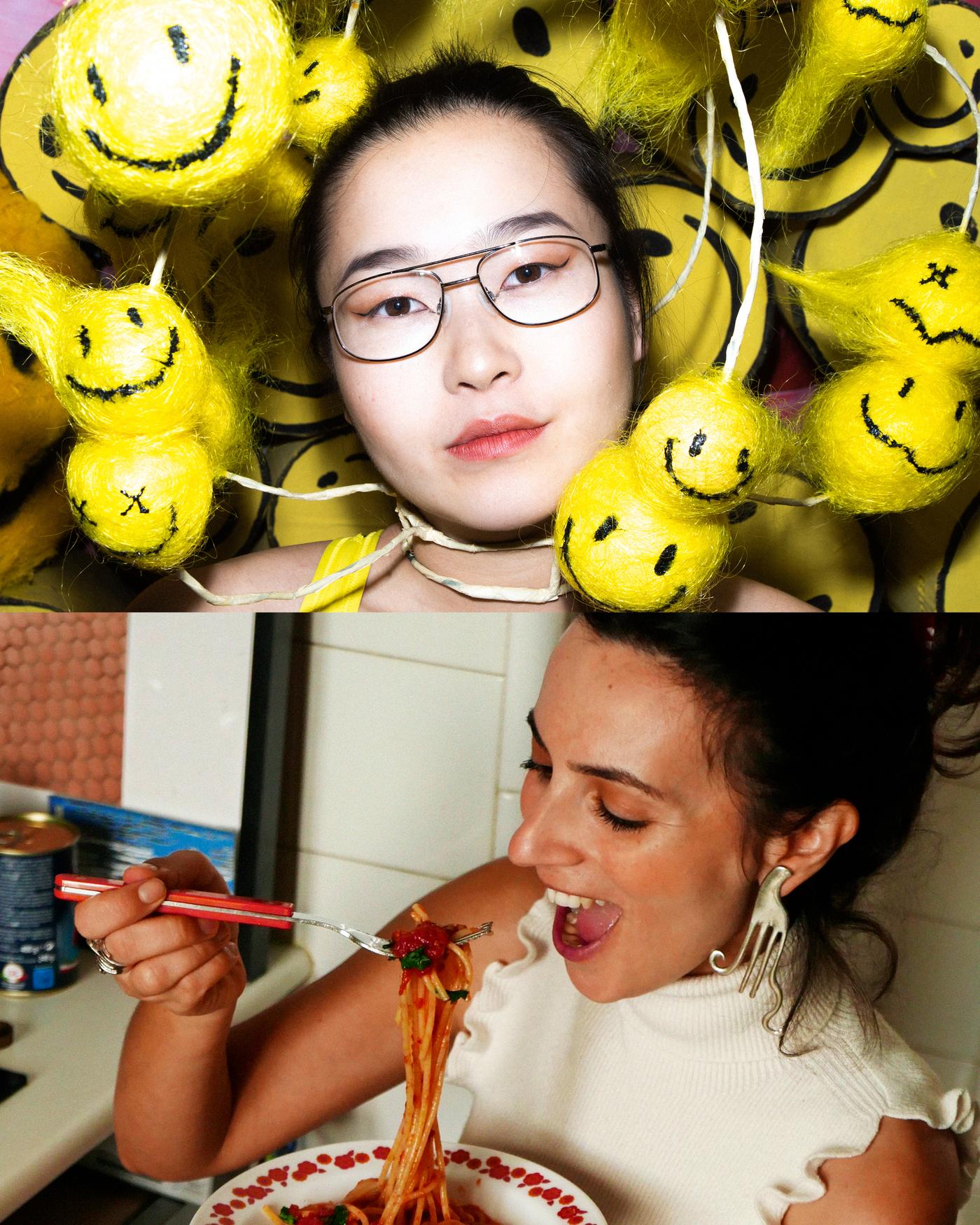 Above: A portrait of Lydia Chan surrounded by yellow smiley face balls, below: Alessandra Lauria eats spaghetti.