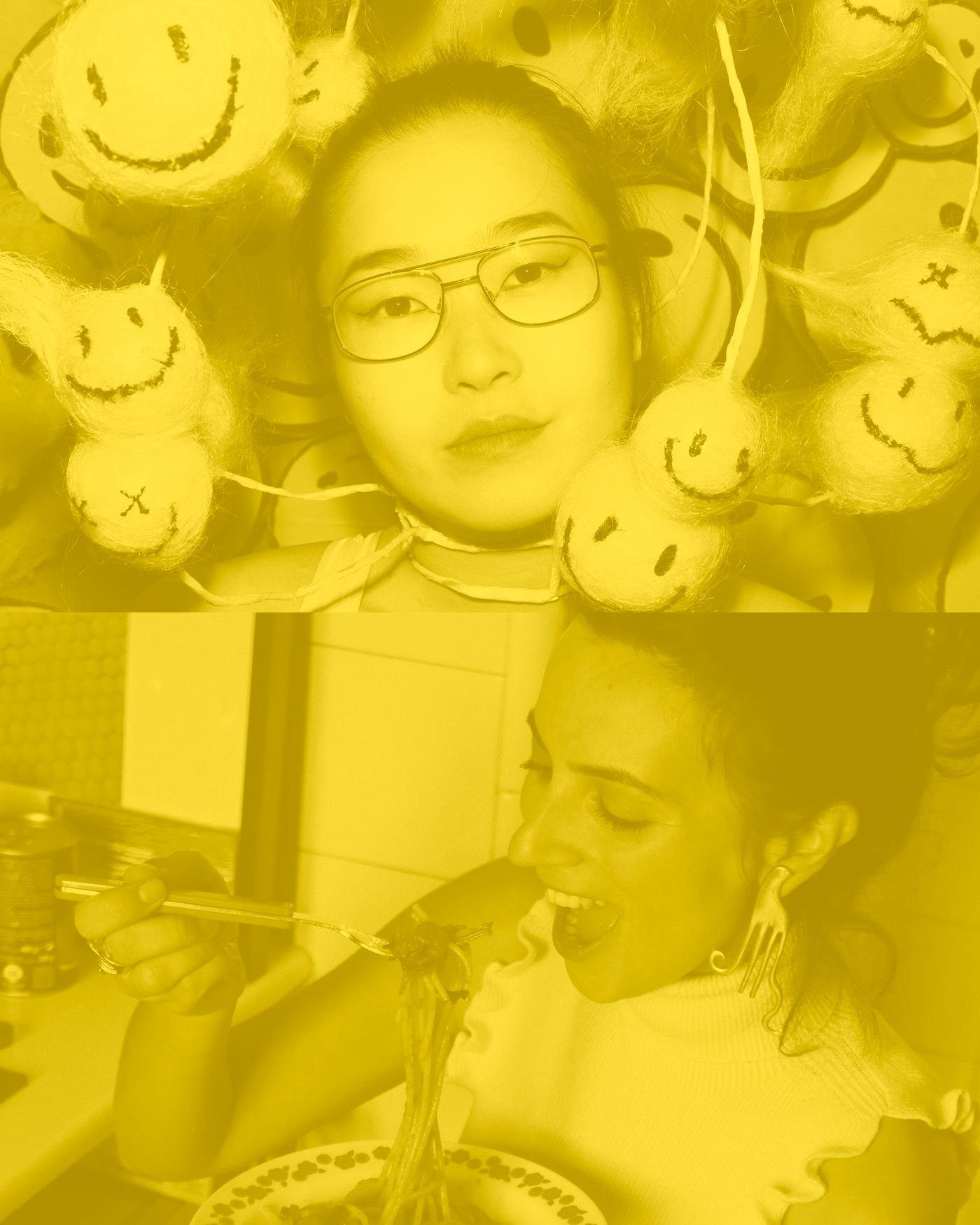 Above: A portrait of Lydia Chan surrounded by yellow smiley face balls, below: Alessandra Lauria eats spaghetti with a yellow overlay.