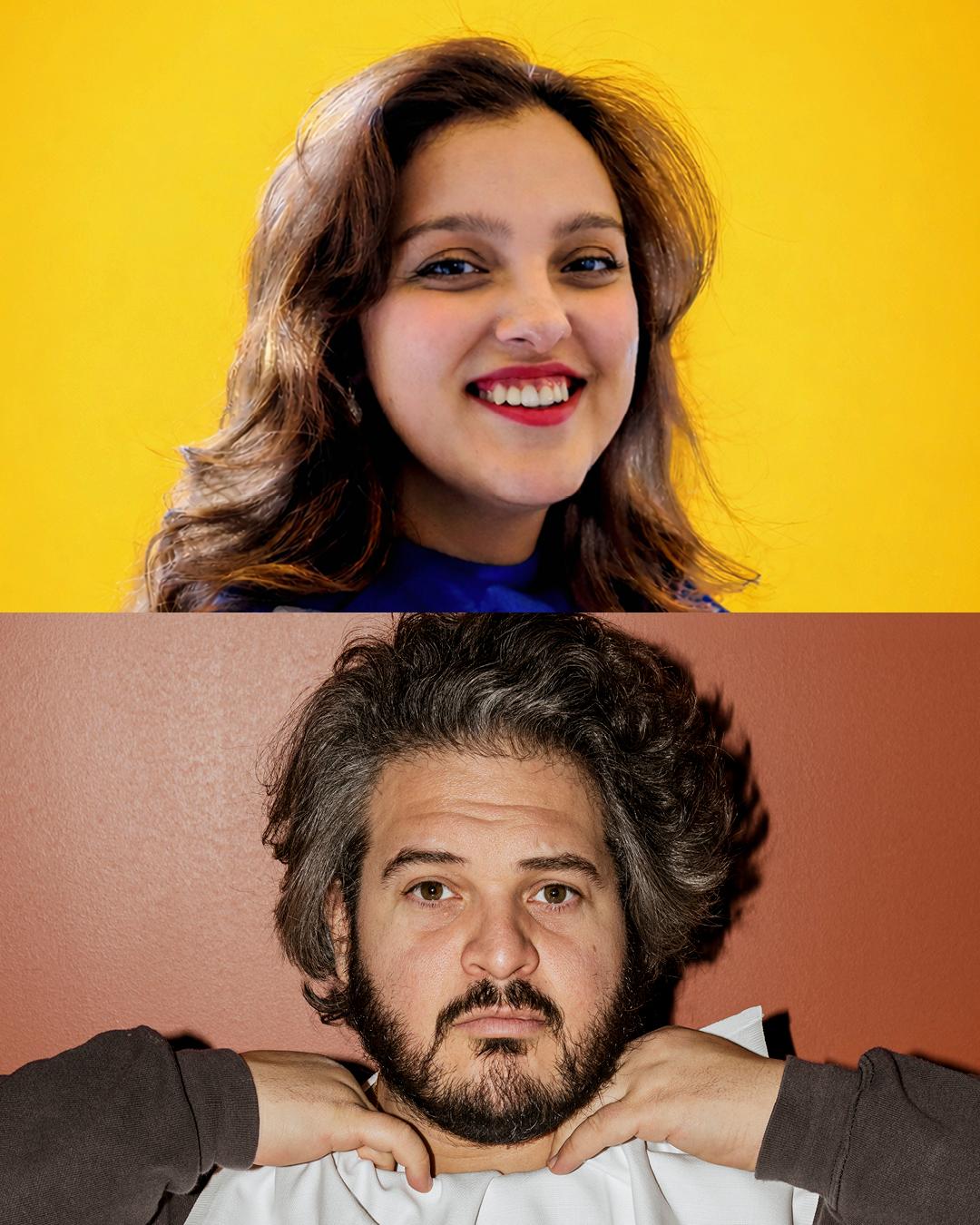 Above Mehek Malhotra smiles against a yellow background. Below: Maurizio Tentella is tucking a napkin into his jumper.