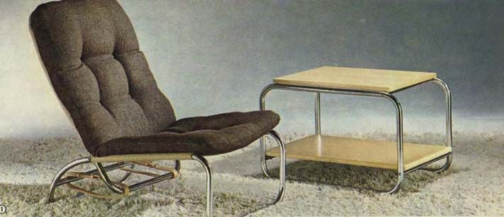 An image from the 1971 IKEA catalogue showing a chair and a CROMI side table on a rug.