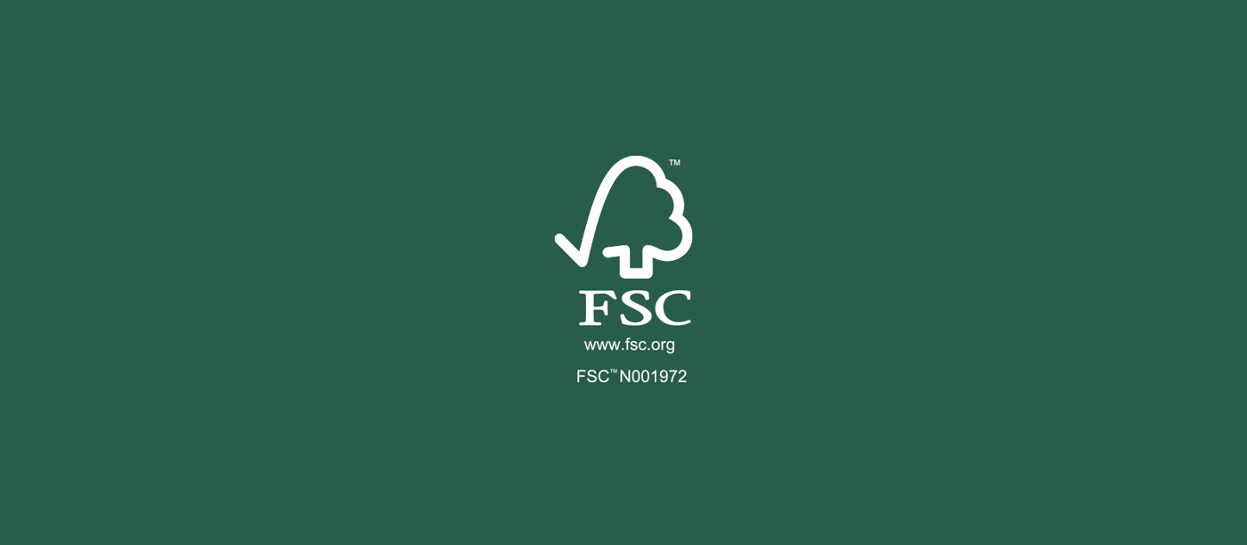 A white FSC logo with text: "www.fsc.org" and "FSC N001972" on a green background.