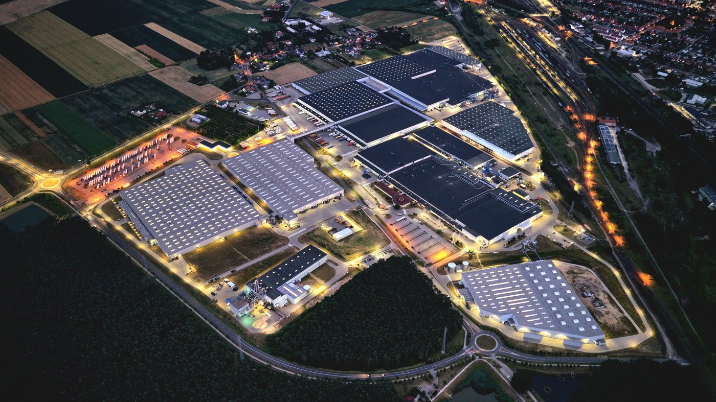 An aerial view of an IKEA Industry factory in Zbaszynek at night.