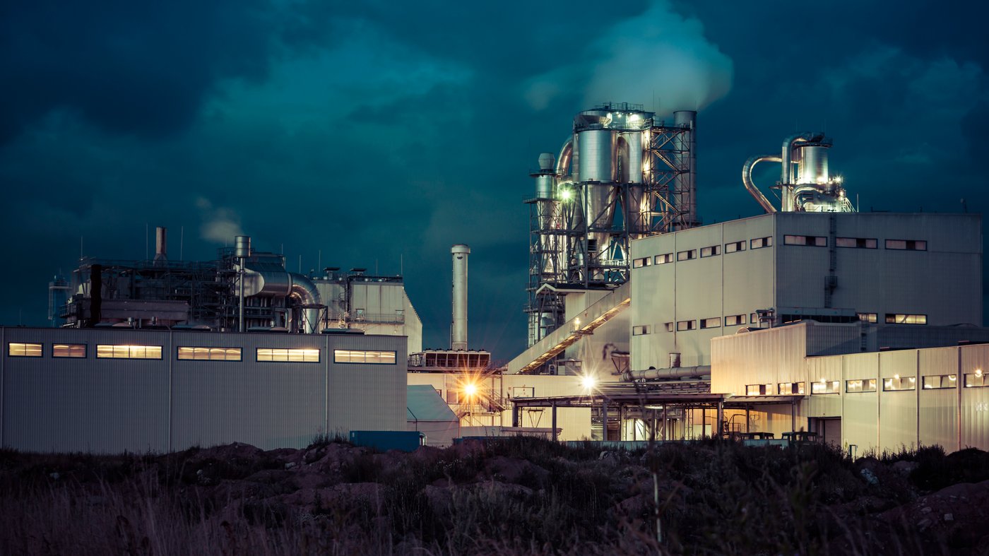 An IKEA Industry plant in Orla at night.