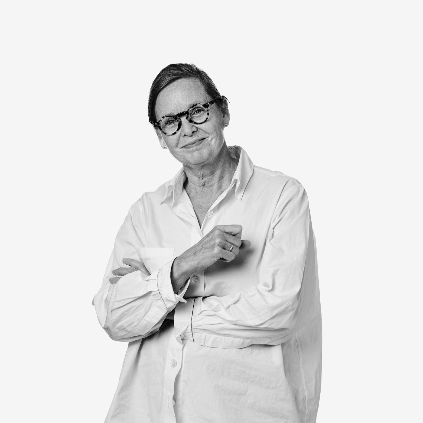 A black and white portrait of designer Eva Lundgreen.